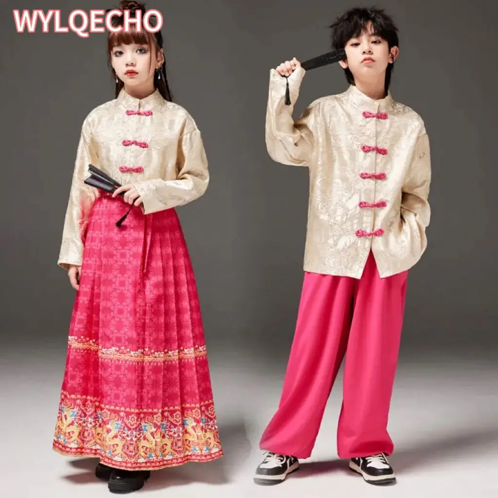 Chinese Traditional Clothings Girls Chic Chinese New Year Skirts Kids Wrap Dresses Hanfu Mamianqun Oriental Tang Costume