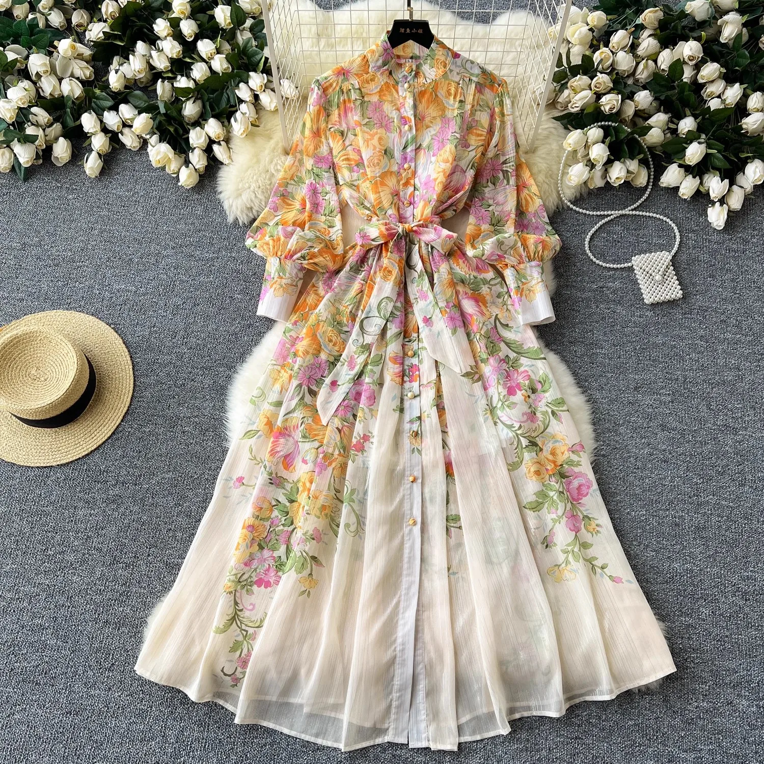 Summer Gorgeous Flower Holiday Long Dress Women's Stand Lantern Sleeve Floral Print Lace Up Loose Robe Boho Chiffon Vestidos - Detail 1