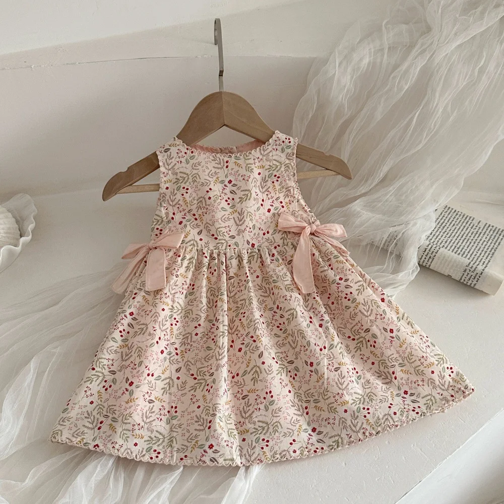 MILANCEL New Summer Baby Dress 6-24M Sweet Floral Bow Toddler Pinafore Dress Loose Korean Infant Clothes Girls Sleeveless Dress