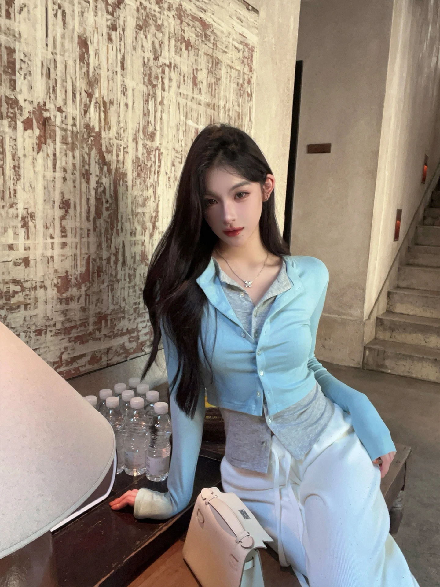 

Комплект FairyJiang: синяя футболка с длинным рукавом, женская приталенная повседневная верхняя одежда, топ с воротником и внутренняя вещь, модный комплект