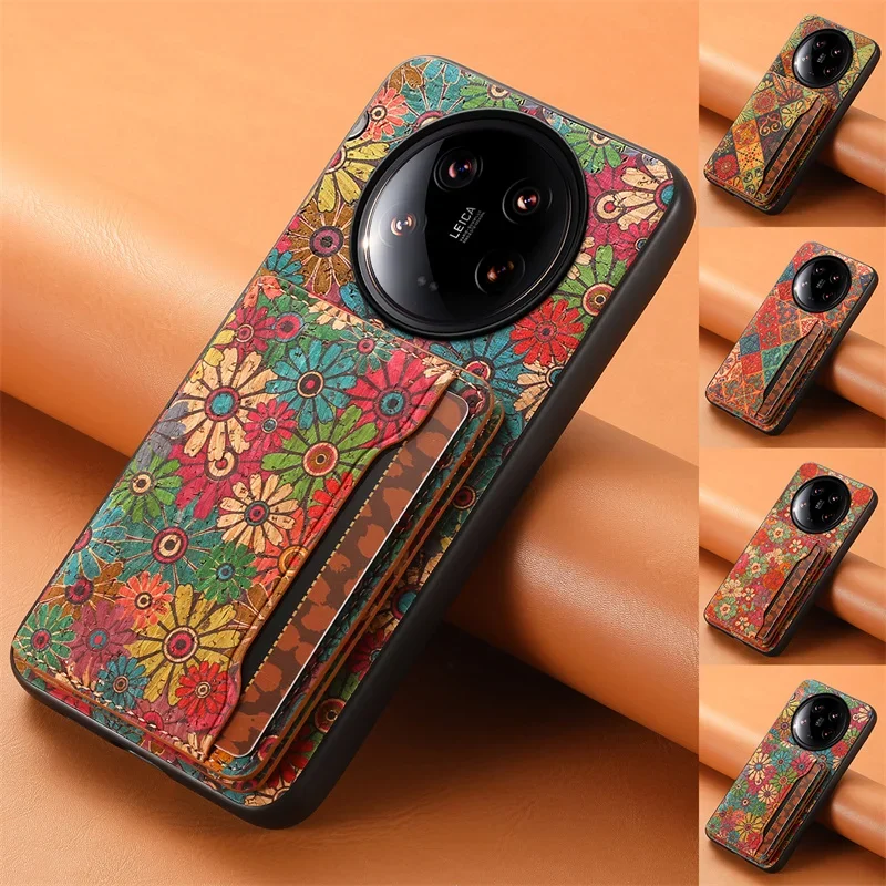 Retro Flower Figure Leather Magnetic Wallet Phone Case For Xiaomi 14 14Pro 14Ultra 13Ultra 13T Redmi K60Ultra Holder Back Cover