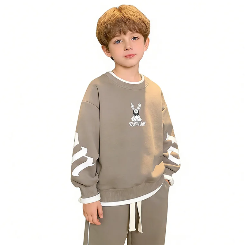 Zweiteiliger Trainingsanzug für Kinder, 120–170 cm, zweiteiliger Sweatshirt mit Kaninchenmuster und elastischer Jogginghose, lässiges, lockeres Sportbekleidungsset für Jungen