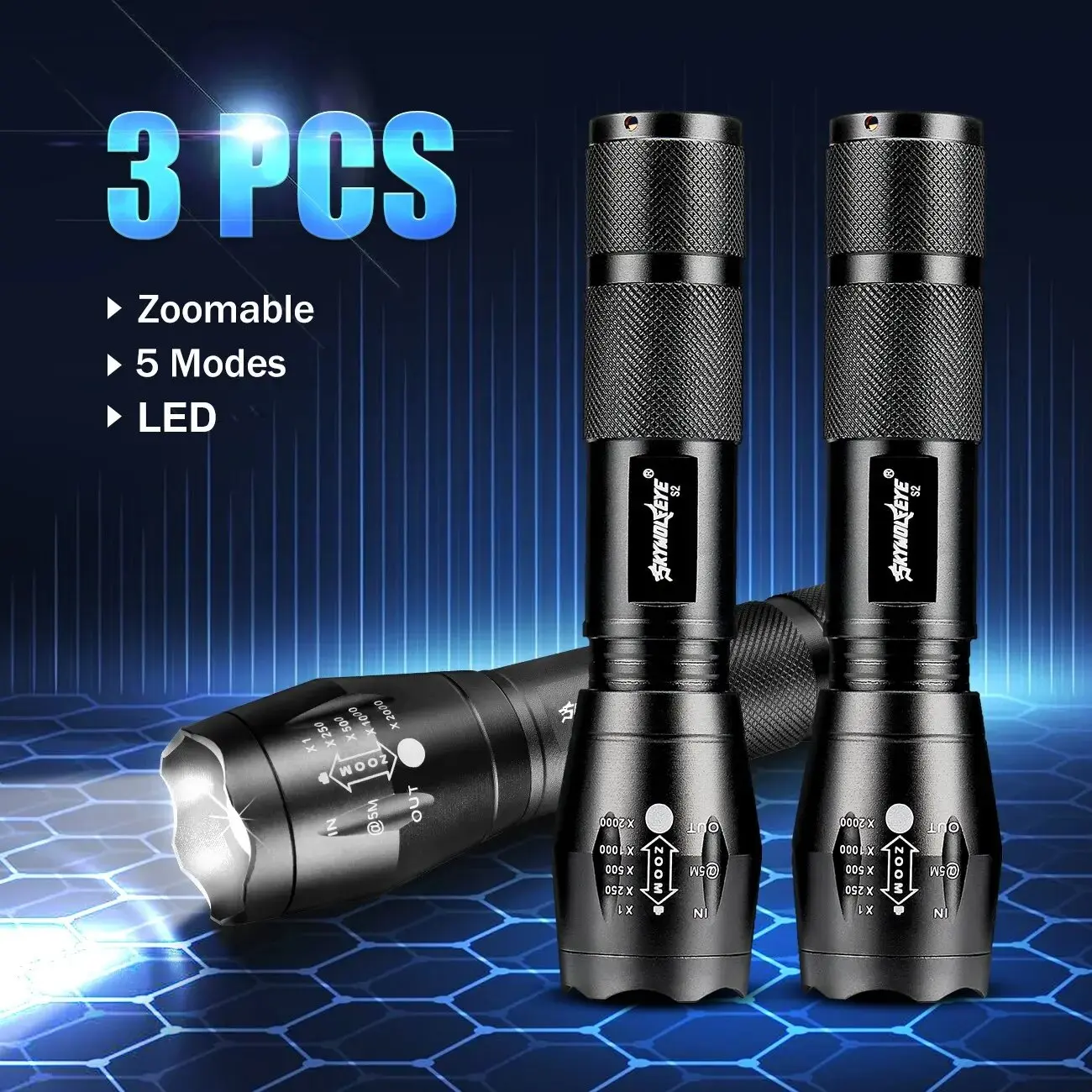 

Skywolfeye 3Pcs High Lumens LED Flashlights 5 Modes Zoomable Super Long Range Torches for Outdoor