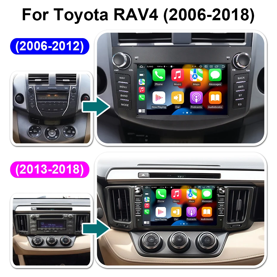 اللاسلكية Carplay أندرويد 14 شاشة راديو السيارات لتويوتا RAV4 2006-2018 2 din autoradio سيارة مشغل وسائط متعددة نظام تحديد المواقع ستيريو 4G LTE