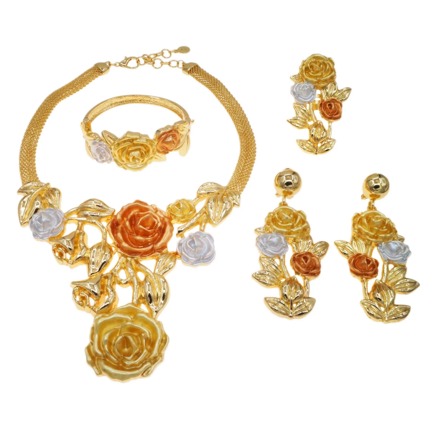 Trendy Hotsale Three Tone Rose Flower Italian Jewelry llaveros Collar Pulseras pin Pendientes tentacles Anillo Christmas 4PC Set