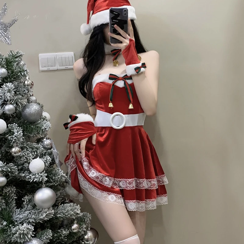 Vrouwen Kerst Jurk Sexy Kerstman Cosplay Kostuums Dames Avond Party Kleding Herfst Winter Jurken Hoed Riem Handschoenen Set