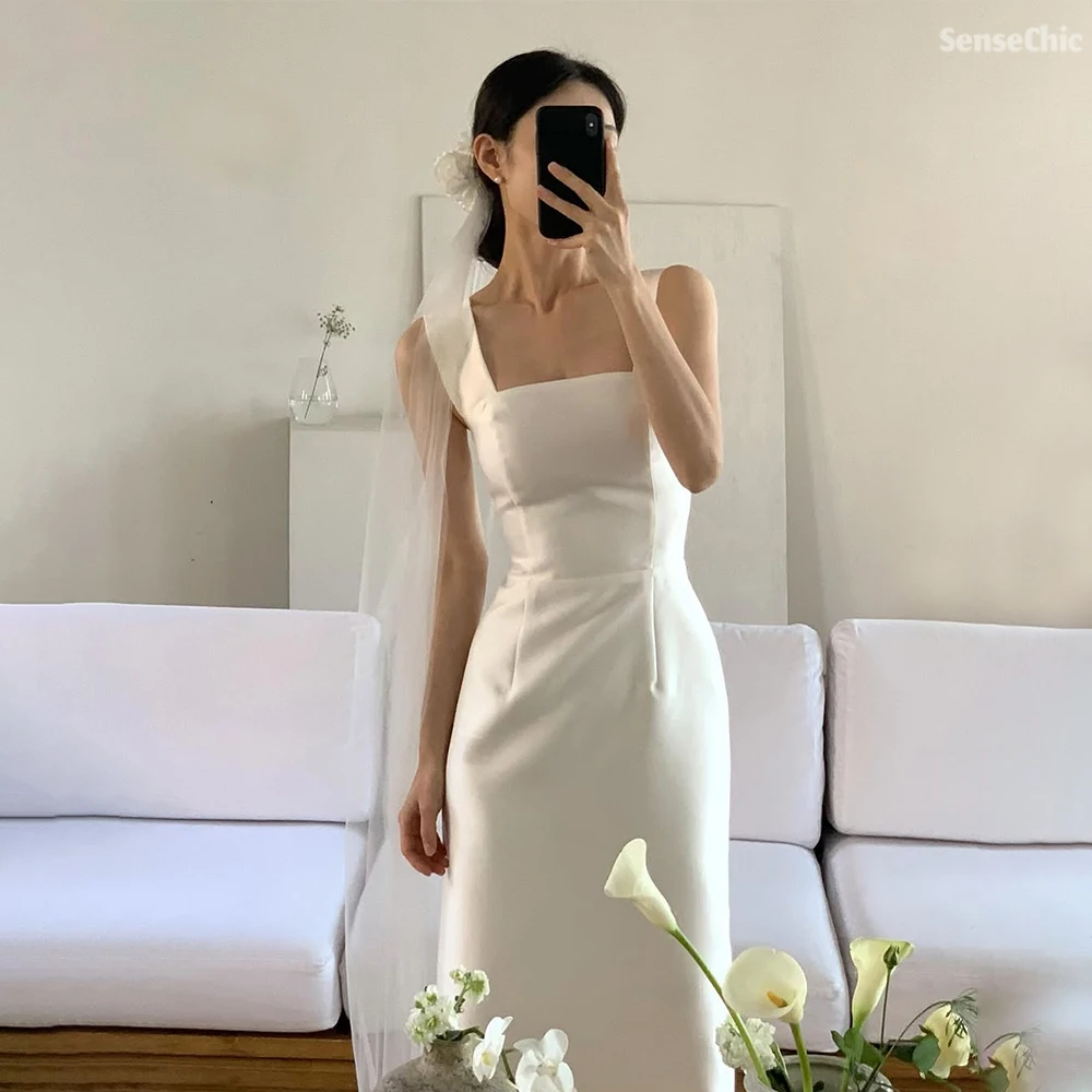 우아한 스퀘어 칼라 한국 웨딩 드레스 새틴 민소매 a 라인 파티 한국 사진 촬영 간단한 신부 가운 드레스 맞춤형