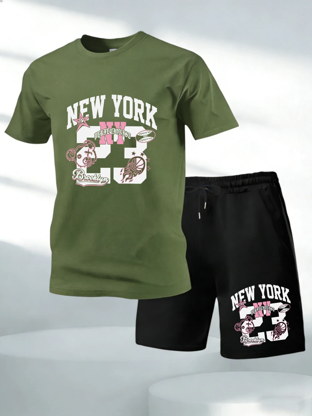 

Two Pieces Set New York Number 23 Printed Cotton Tops Shorts Mens O-Neck Oversized Soft T-Shirts Pocket High Waisted Male Pants