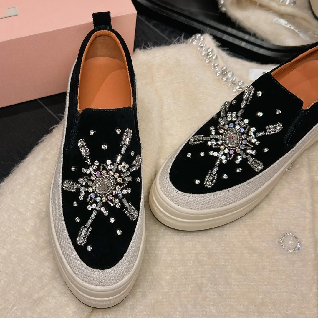 women's natural suede leather thick sole platform flats loafers high quality soft comfortable crystal fashion moccasins shoes