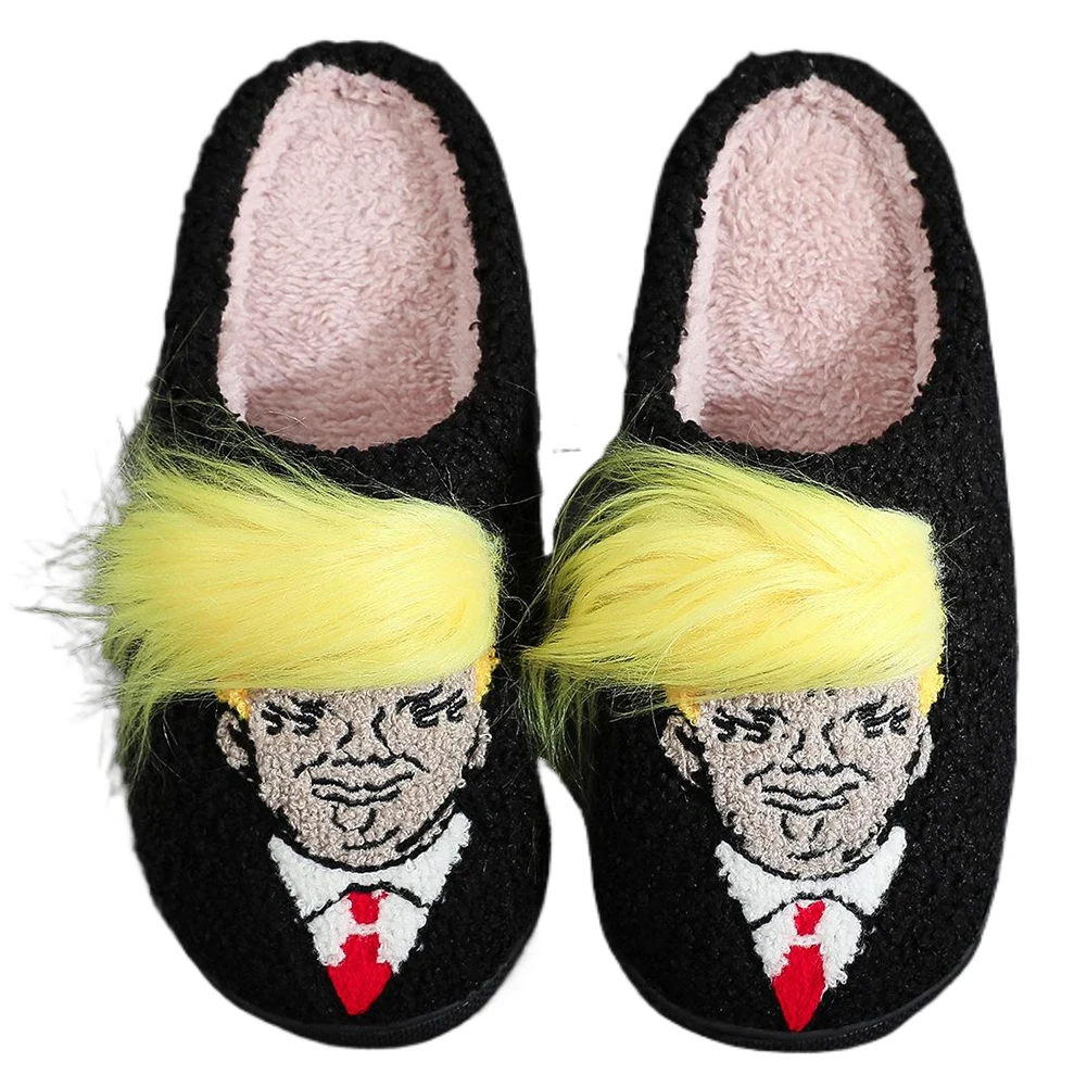 Plush Trump Wig Slippers Warm Slip-on House Shoes Non-Slip Funny Thermal Slippers Creative 3D Fake Hair Furry Slipper for Winter