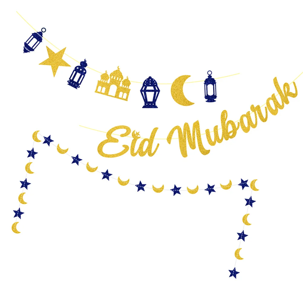 

3Pcs Eid Mubarak Glitter Hanging Banner Party Decoration Ramadan Festival Flag Ramadan Buntings Pendant Eid Decorations for Home