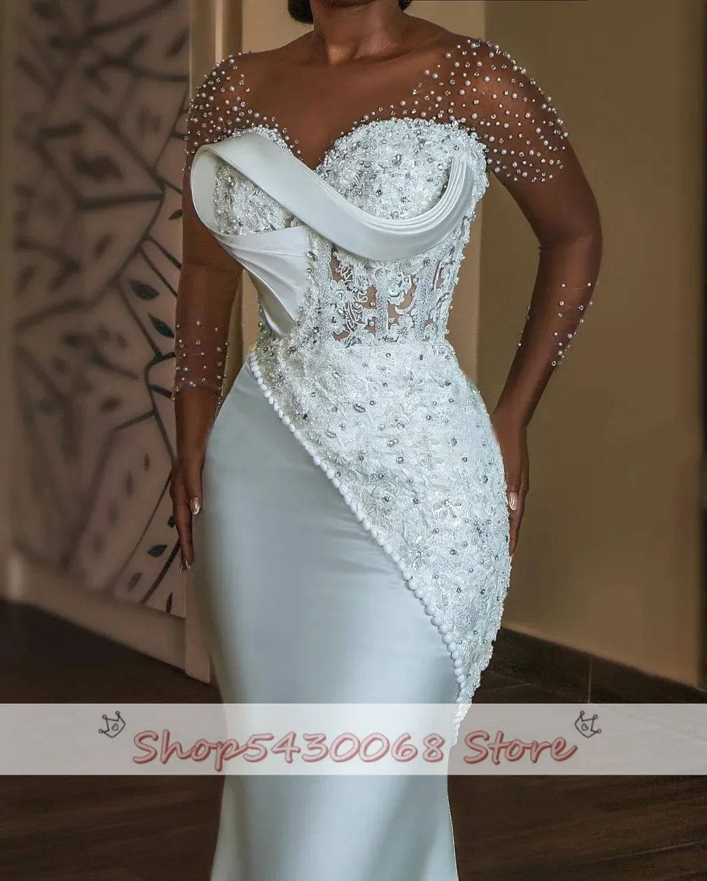 African Satin Mermaid Wedding Dresses for Bride Sheer Neck Long Sleeve Appliques Beading Garden Country Women Civil Bridal Gowns