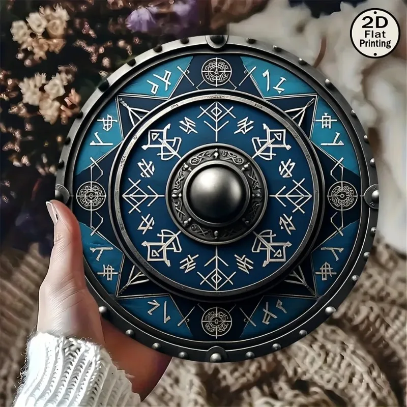 Viking Rune Shield Art Round Metal Tin Sign 2D Printed 1PC 20x20cm Nordic Myth Iron Wall Decor For Bar Home