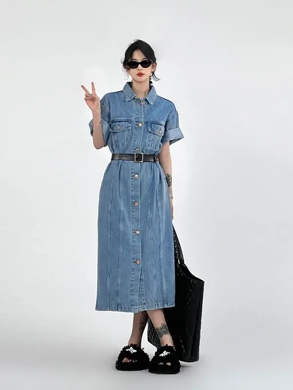 2024 Modieuze zomer nieuwe dames oversize denim shirtjurk losse vintage casual commuter flip kraag rechte buisrok