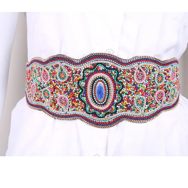 Women\'s Elastic Wide Girdle Ethnic Style Bead Belt Pure Handmade Bohemian Colorful Shells Ladies Elegant Corset Decor Waistband