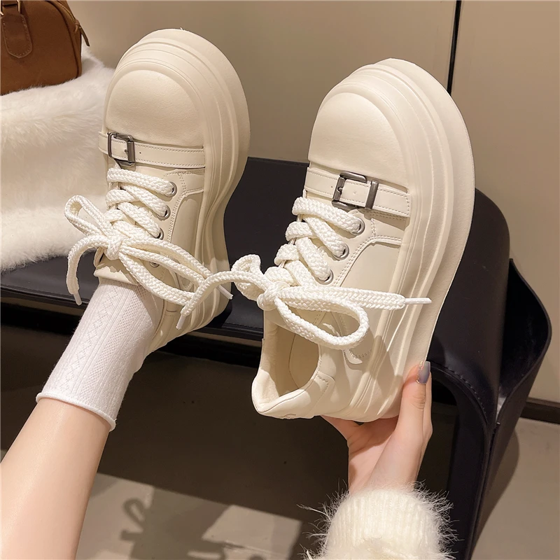 Thick Sole Women Elevator Shoes Fashion Belt Buckle Clunky Sneakers Casual Breathable Platform Shoes Comfortable Walking Shoe