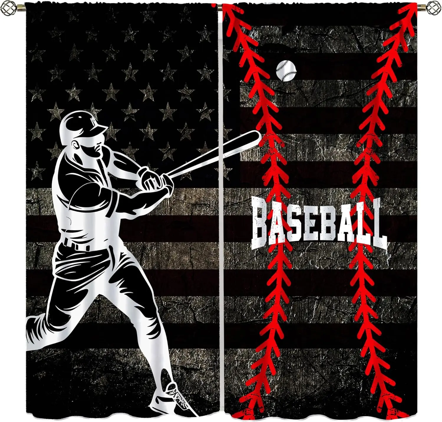 Vintage Baseball Curtains, American Flag Hand Drawn Player Print Drapes, Retro Sports Style, Decor for Boys Kids BedroomBathroom