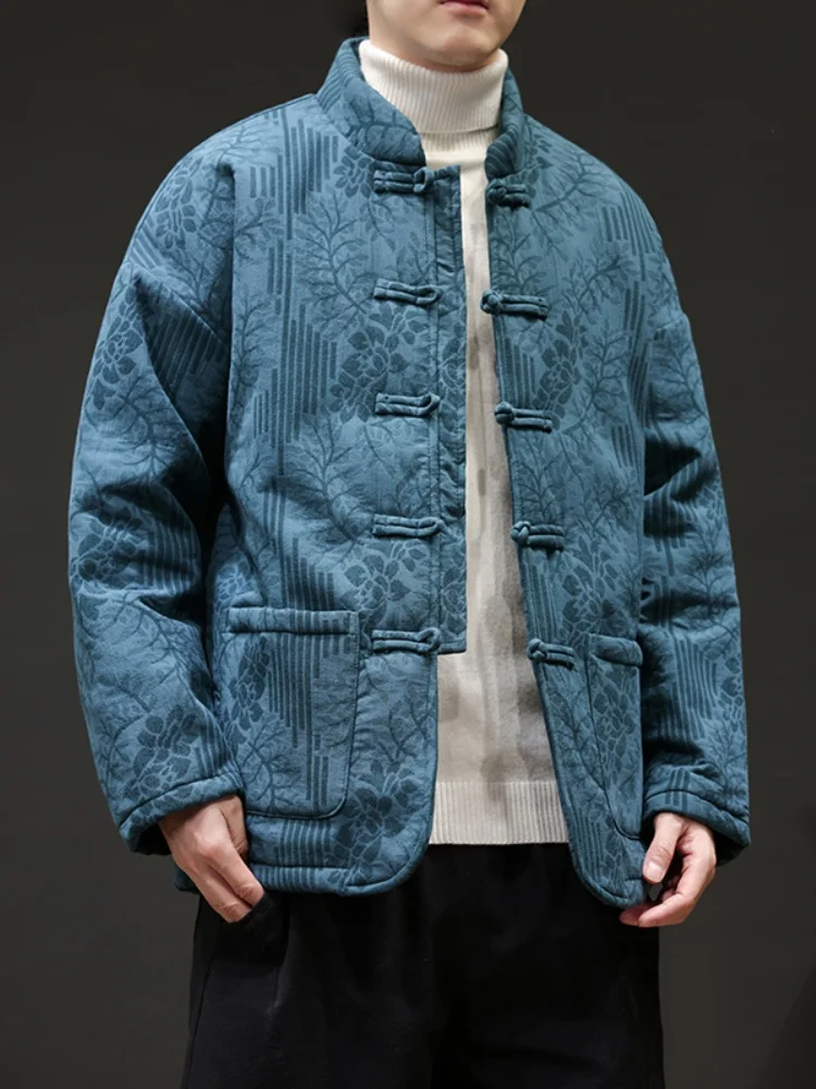 

New Chinese Sle Thiened Winter Men's Cotton Jaet Warm down Cotton Coat with Button Traditional Tang Costume Hanfu Cotto...