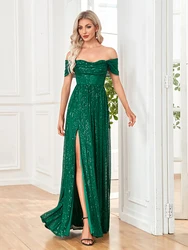 Lucyinlove 2024 Women Green Sexy Off-shoulder Sequin Dresses Elegant Evening Dress Party Maxi Gowns Slit Ladies Trailing Prom