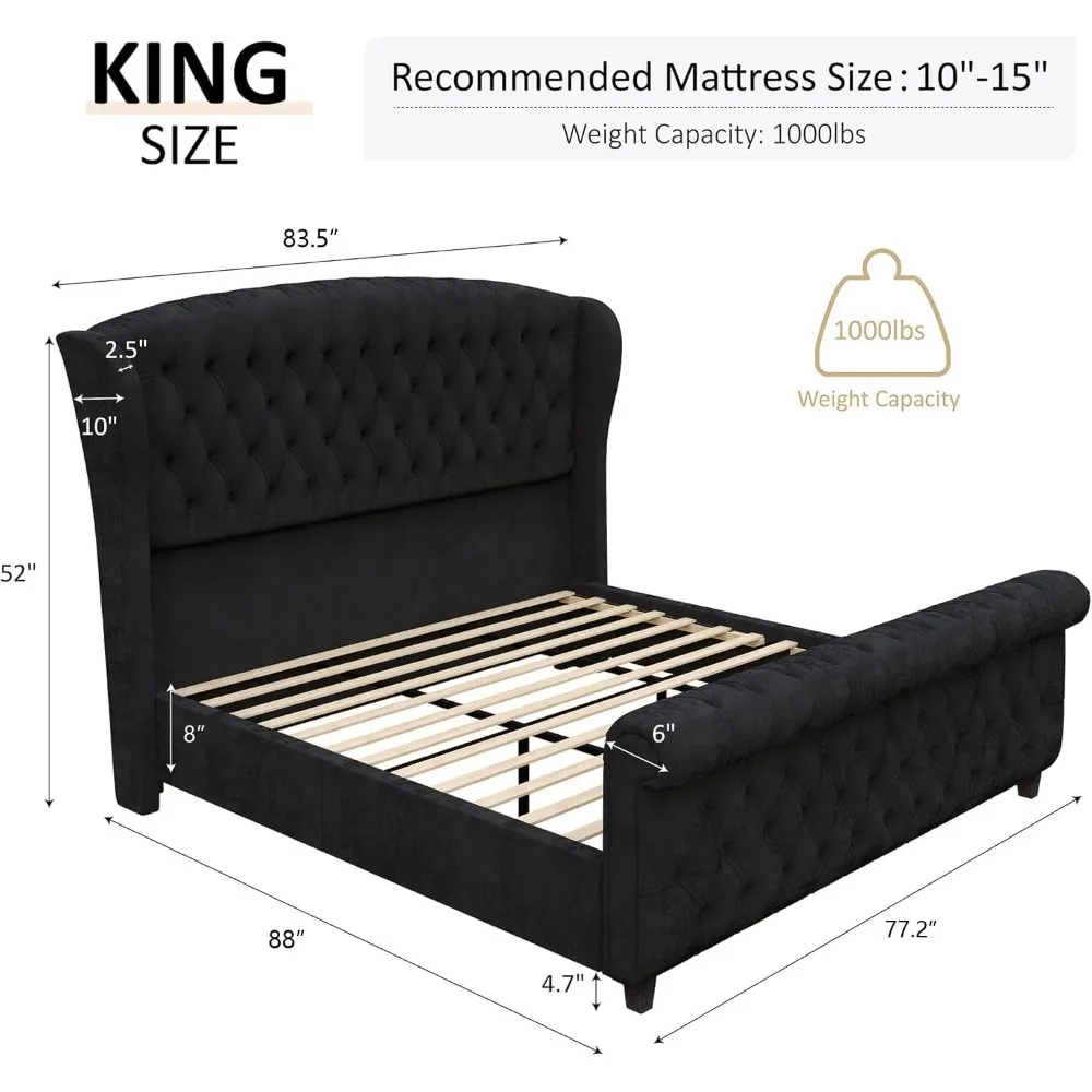 Velvet Upholstered Sleigh Bed with Scroll Wingback Headboard & Footboard/Button Tufted/No Box Spring Required/Easy Assembly