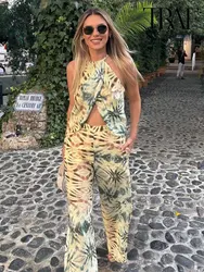 TRAF-Conjunto de 2 piezas con estampado a la moda para verano, con tirantes Top corto de cintura alta y pantalones largos, informal y elegante, 2023