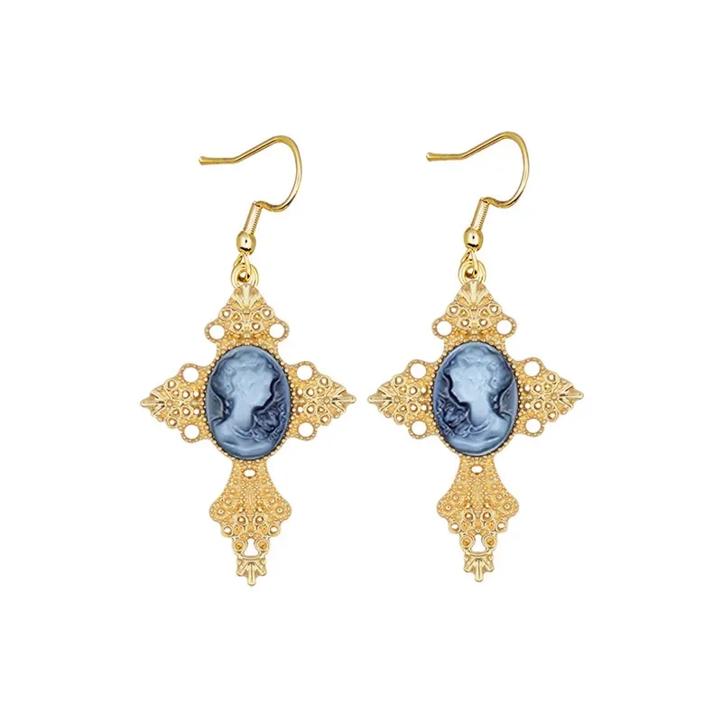 

6 Colors Fashion Cross Pendant Lady Queen Cameo Earrings For Women Gold Color Lady Cameo Fashion Jewelry