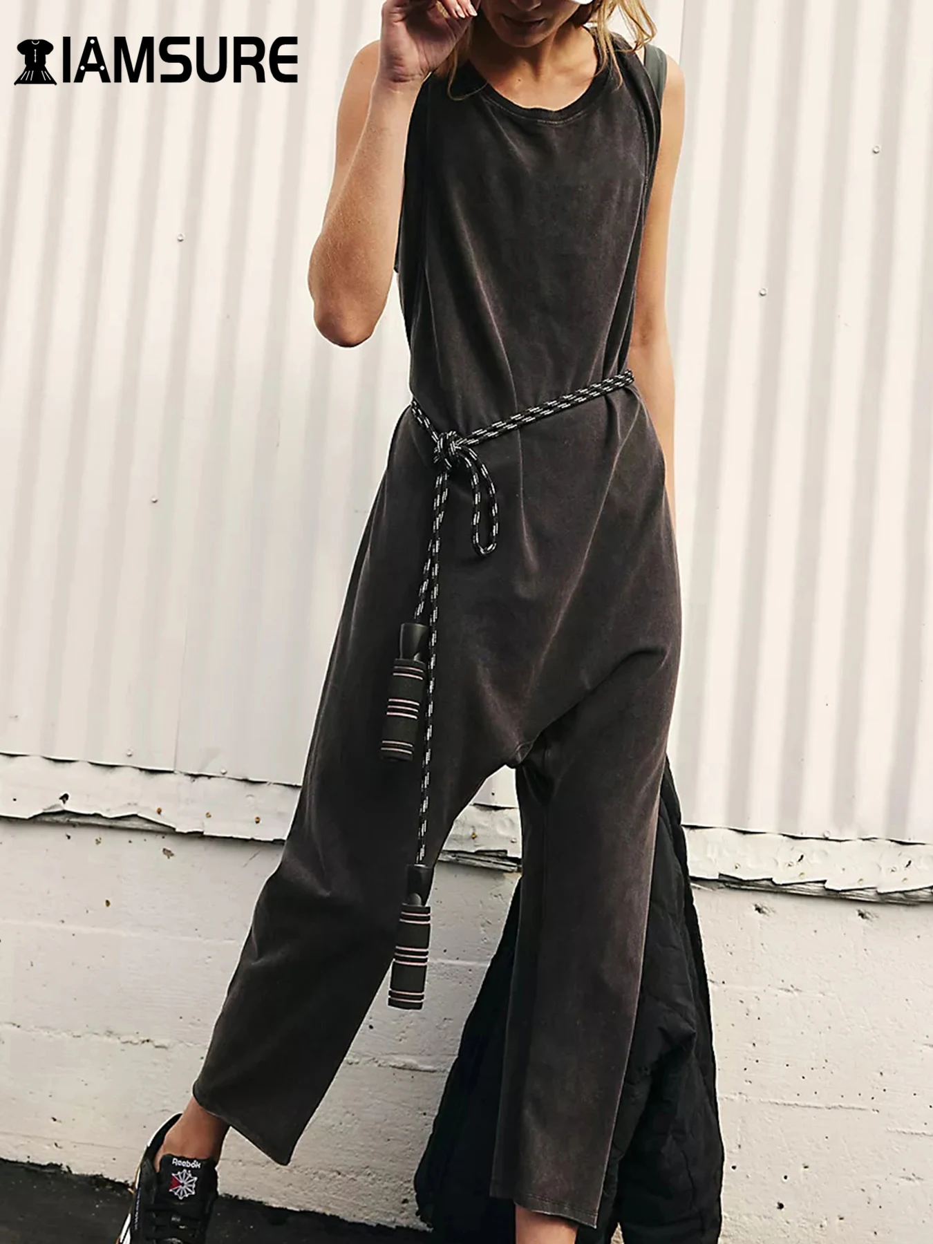 

IAMSURE Sporty Activewear Basic Solid Backless Jumpsuits Casual Loose O-Neck Sleeveless Rompers Women 2024 Summer Fashion Lady