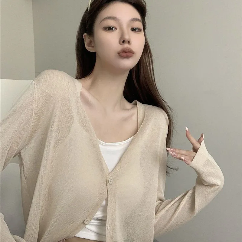 Lucyever Lazy Style Thin Knitted Cardigans Woman Summer Loose Sunscreen Knitwear Women Vintage Streetwear V-Neck Knit Coat Top