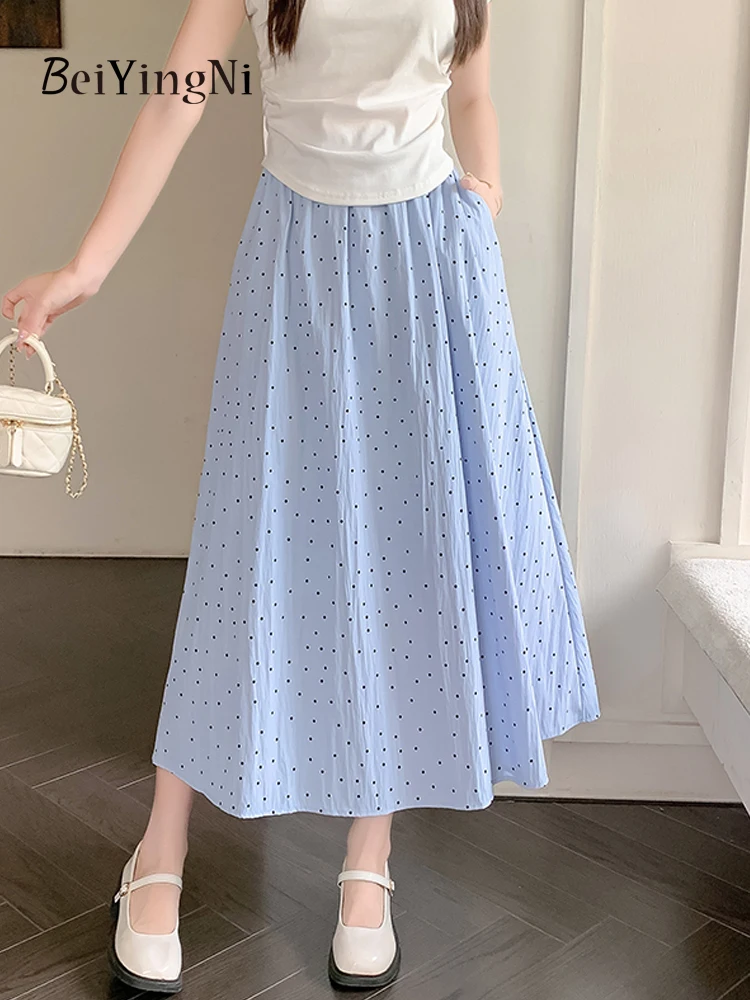 

Beiyingni Korean Preppy Dots Printed A-line Midi Skirt Woman Simple Fresh Pockets Lining Skirts Stylish Vintage Blue Pink Faldas