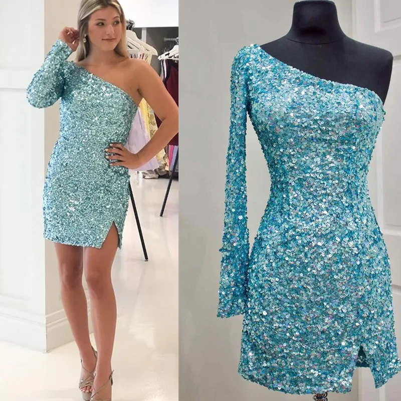 

Dubai Sparkling Sexy Prom Dresses 2022 Short Party Wear One Sleeves Split Zipper Back Pageant Evening Gown فساتين السهرة