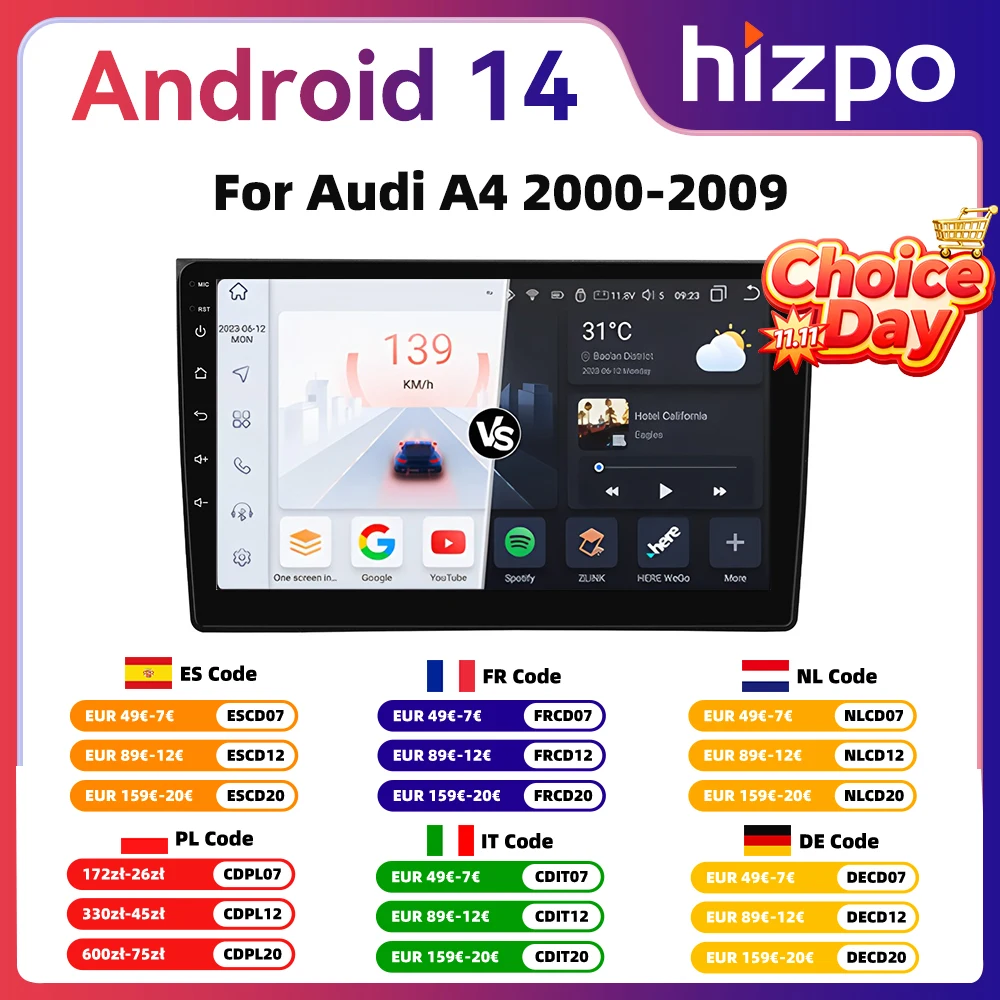 Hizpo 2Din 9-inch Android13 Car Radio for Audi A4 B8 B7 B6 S4 RS4 2000 - 2009 SEAT Exeo BT 4G DSP RDS CarPlay GPS Navigation