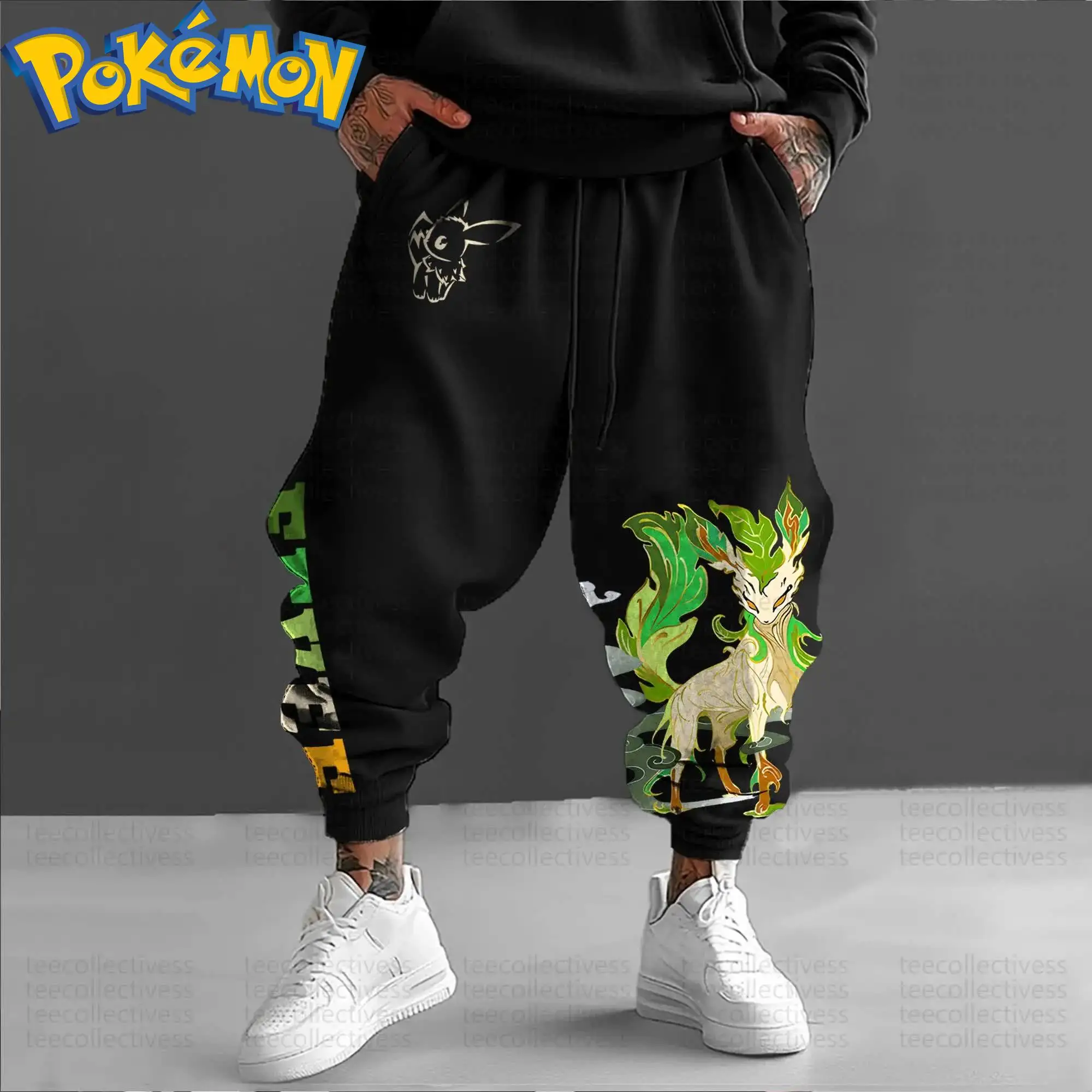 ชุดเสื้อฮู้ดผ้าฝ้ายลายโปเกมอนสไตล์ฮาราจูกุพร้อมกางเกงขายาว สีดำ พิมพ์ลายตัวละครพร้อมลวดลายใบไม้สีเขียวขาวและควัน ชุดสองชิ้น