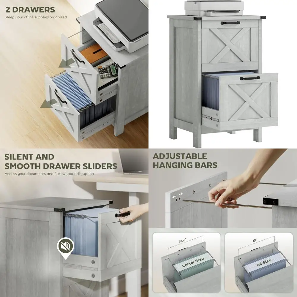 

Вертикальный шкаф для документов Silent Slide с 2 выдвижными ящиками, в стиле рустик фермерского дома с дверцами-складками, для форматов A4/Letter, подставка для принтера, светло-серый, состаренный