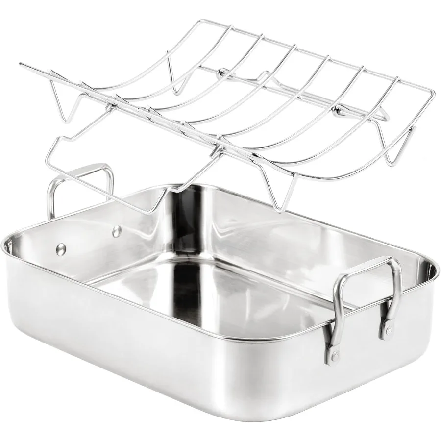 

16.5inch Roasting Pan with VShape Rack Stainless Steel Large Turkey Roaster Pan for Turkey Chicken Ham Roaster with VShaped Bak