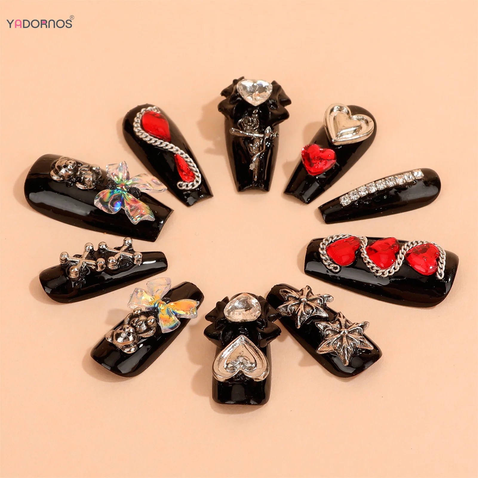 Uñas postizas de estilo gótico para mujer, uñas postizas hechas a mano con diamantes de imitación, diseño de lazo, manicura usable para fiesta, color negro, 10 piezas