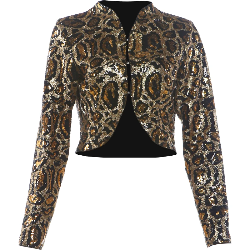 Weird Puss Leopardenmuster-Paillettenjacke für Damen, modisch, einreihig, lange Ärmel, Herbsttrend, Hottie Street Party Crop-Übermantel – Detail 2