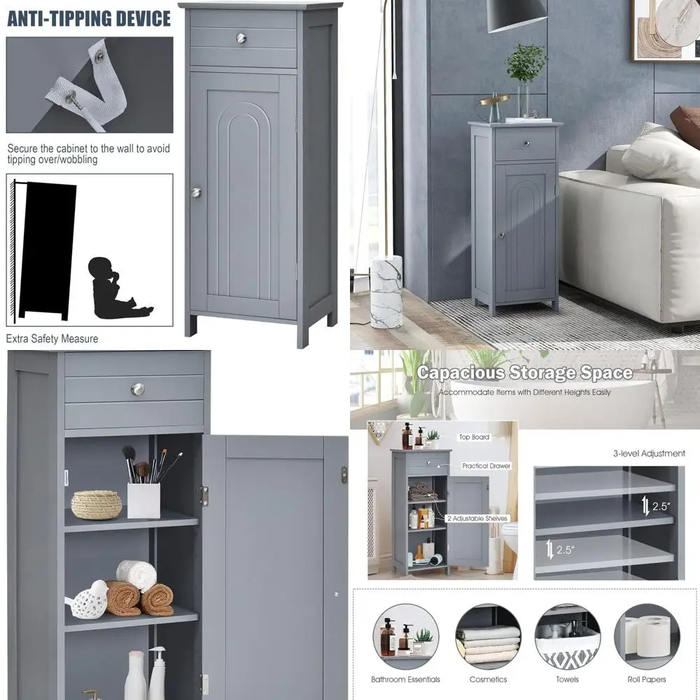 

Compact Grey Storage Cabinet with Drawers and Door, Adjustable Shelves for Small Spaces in Bathroom and Living Room