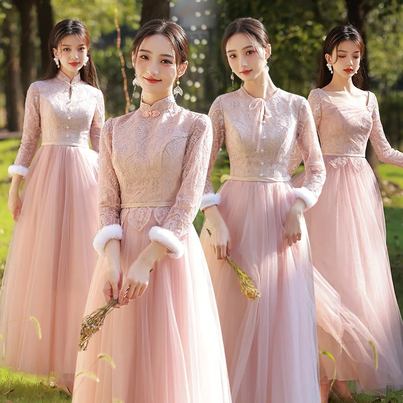 

Long Sleeve Flowers Embroidery Bridesmaid Dress Chinese New Wedding Sisters Bridesmaid Dresses Lace Splicing Style Pearl Decor