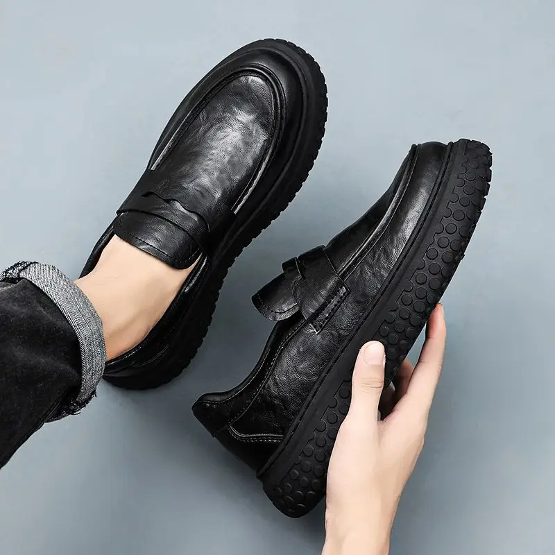 2026 New Men's Loafers Soft Leather Height Increasing Thick Sole Slip on Casual Business Shoes Autumn view 4