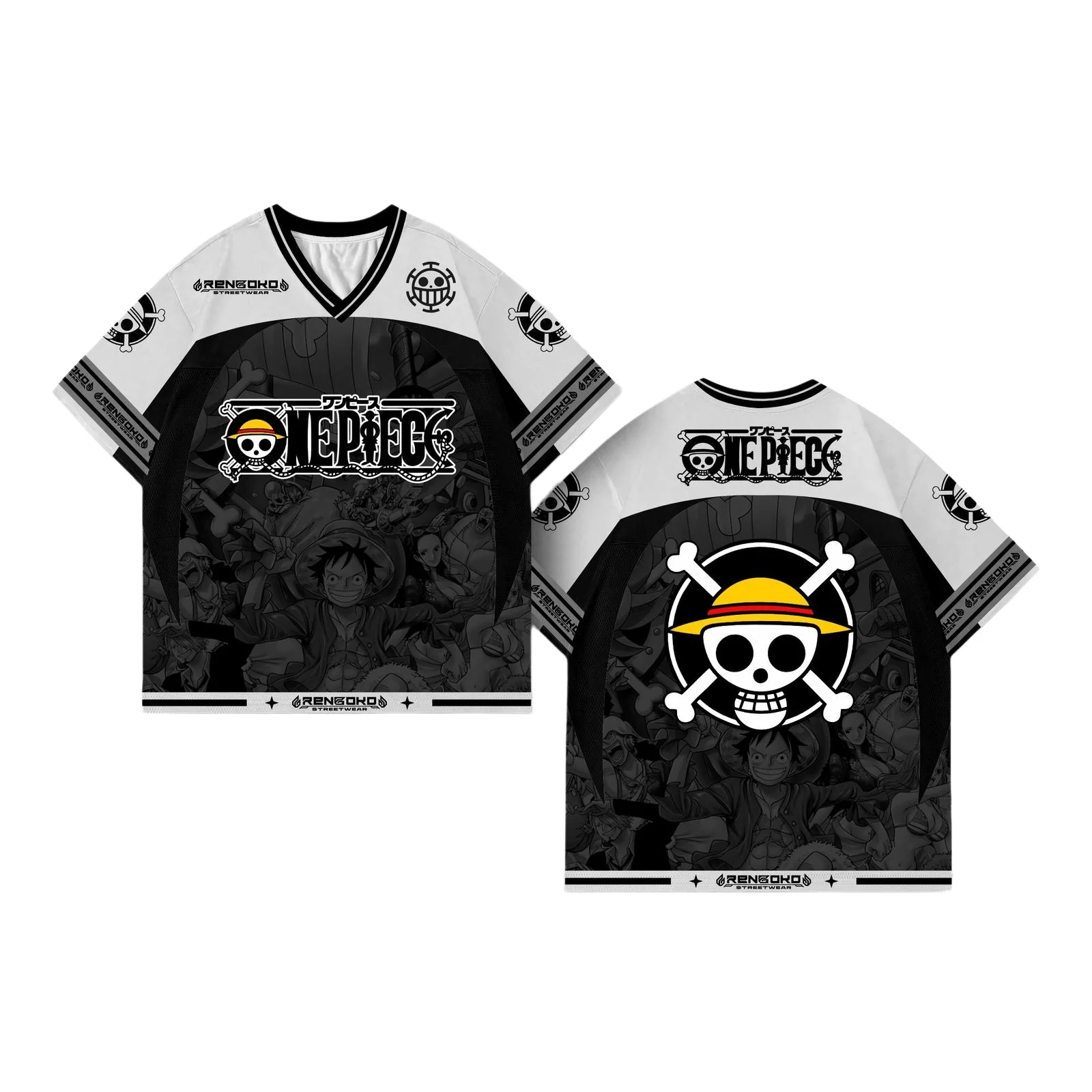 

One Piece Straw Hat Pirates Black White Anime Jersey Football Fan T-Shirt for Men