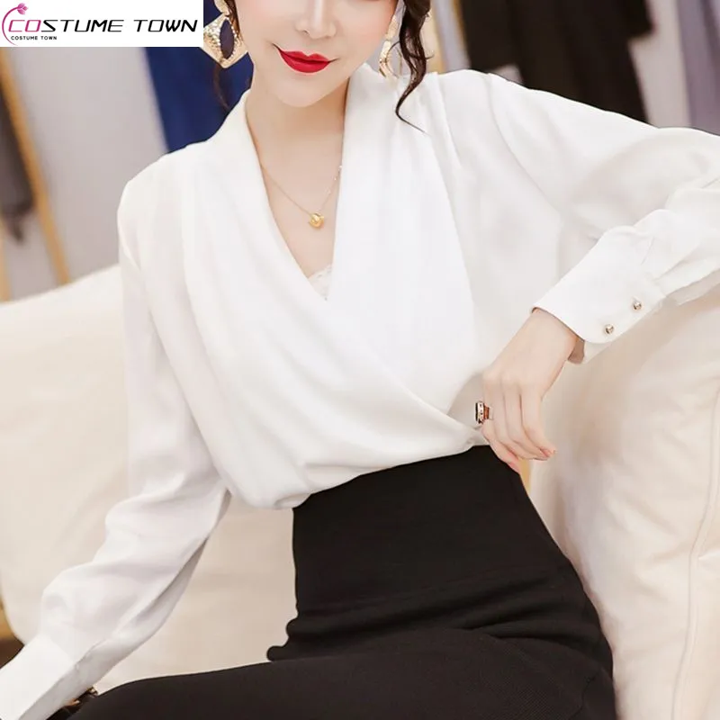 2023 Spring and Summer Satin Chiffon Shirt Cross V-neck Top Women's New Design Sense Fashion Temperament Han Fan Shirt