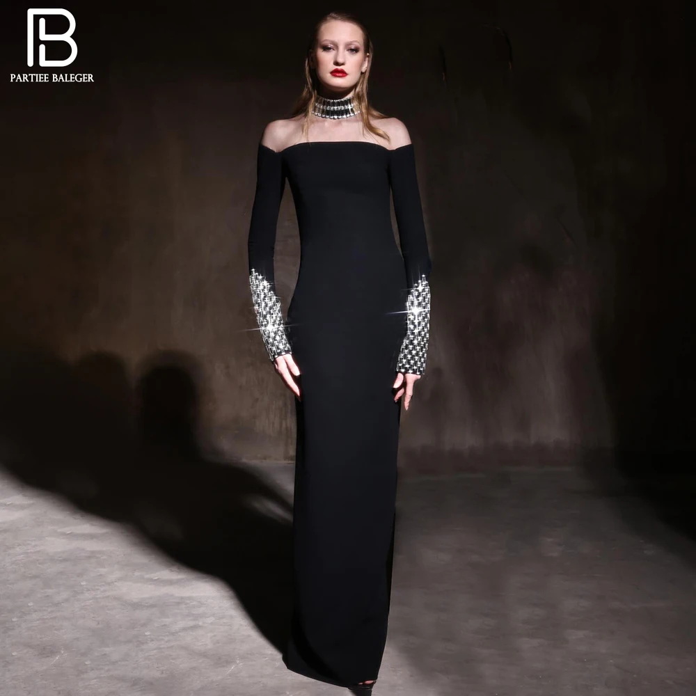 

PB 2024 Spliced Diamonds Dress For Women Stand Collar Long Sleeves Tunic Mesh Runway High Street Bodycon Party Evening Dress