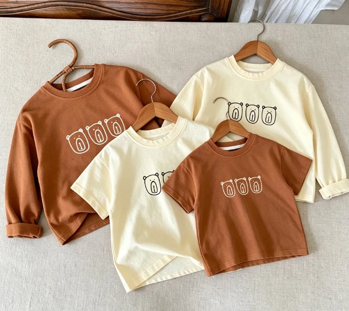 Kids Minimalist Three Bear Print T Shirt Short And Long Sleeve Soft Cotton Casual Tops For Boys And Girls 9M-6T Wear Clothing