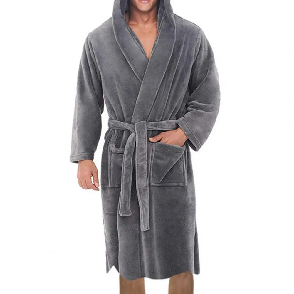 2024 Winter Men\'s Bathrobe Solid Color Belt Flannel Hooded Bath Robe Pockets Warm Men Nightgown Home Gown Sleepwear Men Clothing