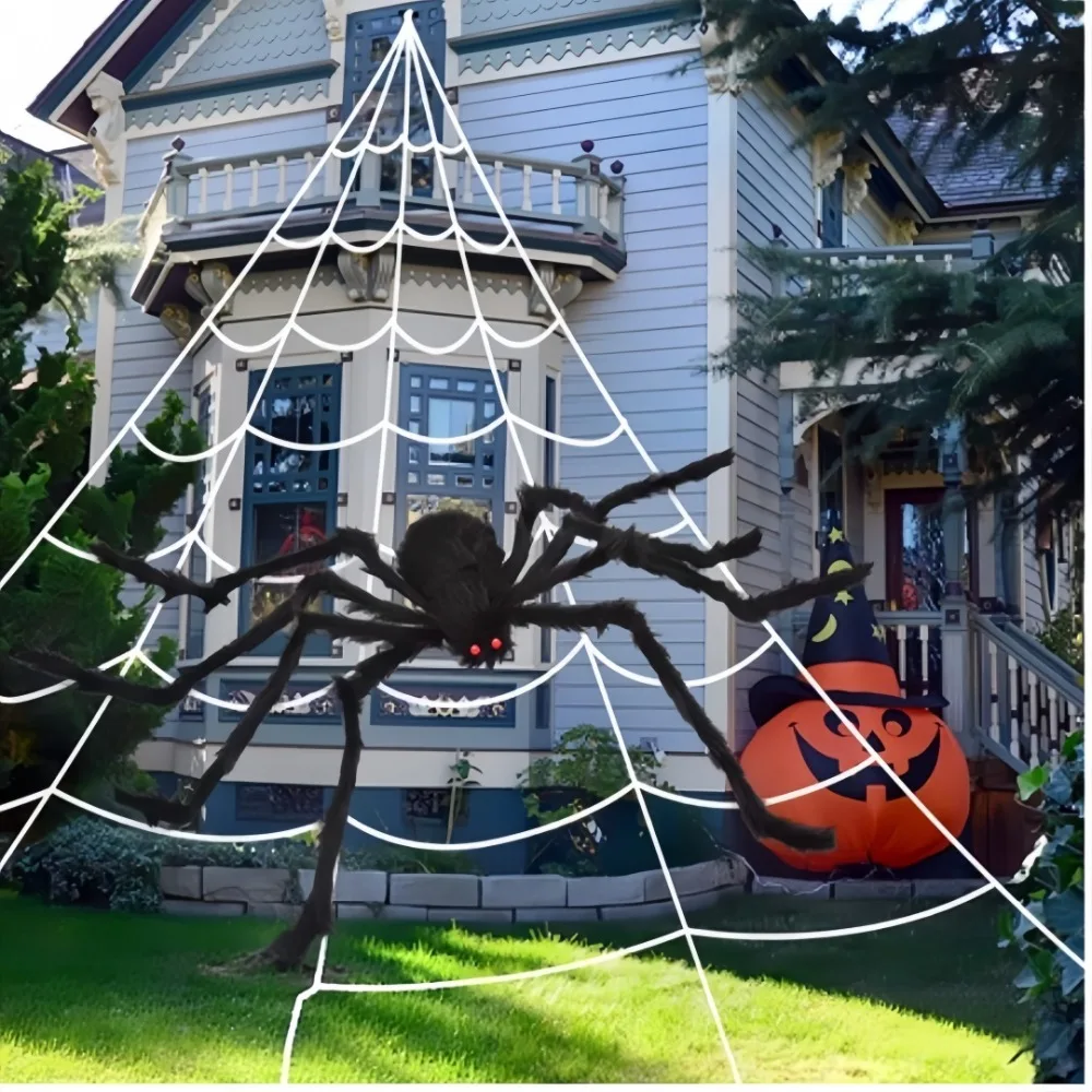 Halloween Large Black Spider Tricky Plush Decoration with Triangular Huge Spider Web Outdoor Yard Scary Decoration Arrange Props