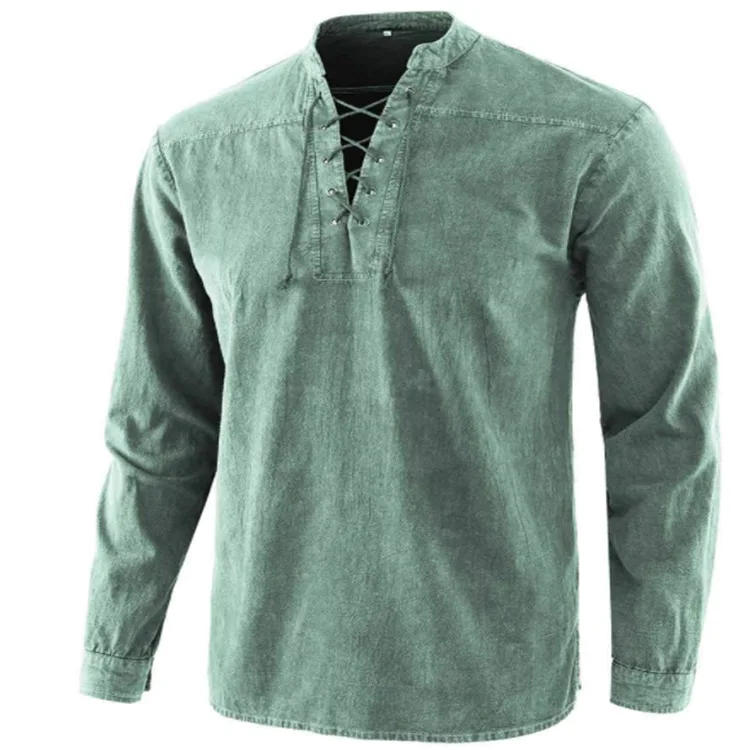 

Vintage Medieval Knight Renaissance Roman Men's Shirt New Men's Solid Color Retro Lace Up stand up Collar Loose Casual Shirt Top