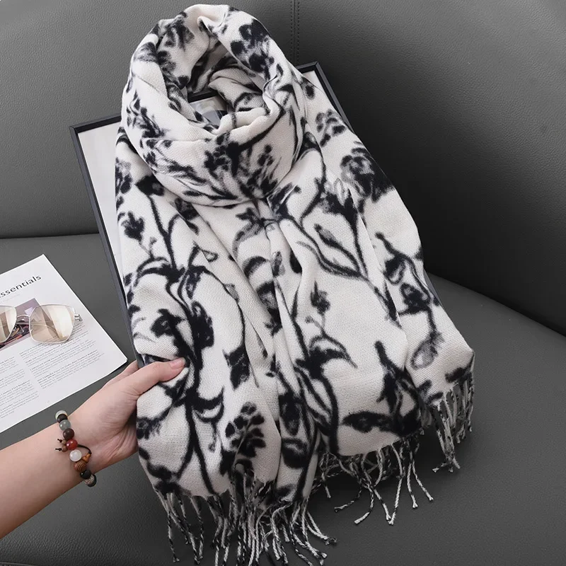 Flower Pattern Scarf For Women, Thickened Winter Scarfs For Female