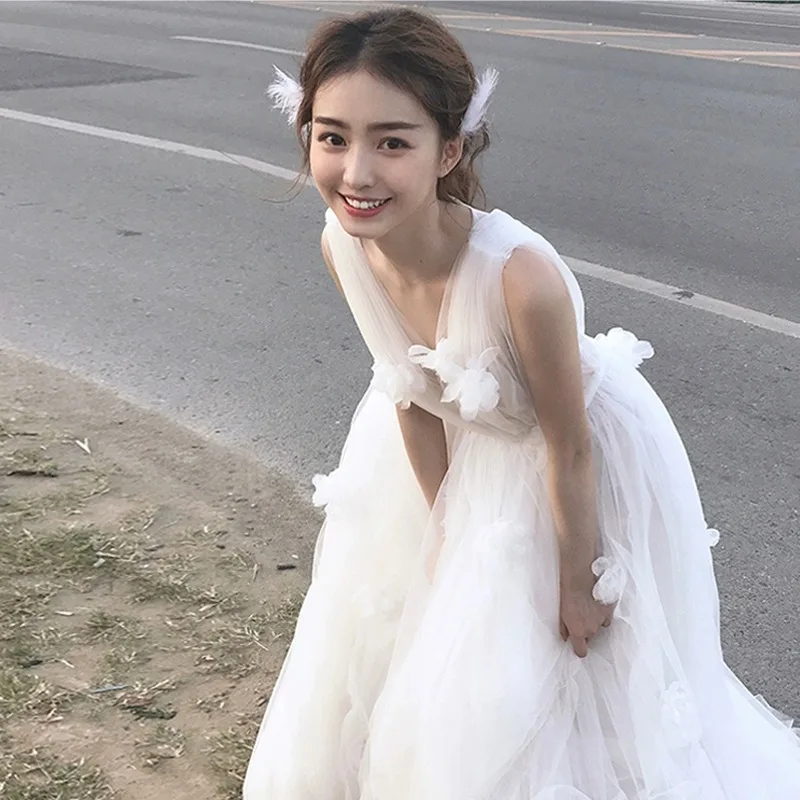 

Sweet Simple Wedding Party Dress Women Elegant Sleeveless Applique v-neck Long Gown Bride Dress Prom A-Line White Formal Dresses
