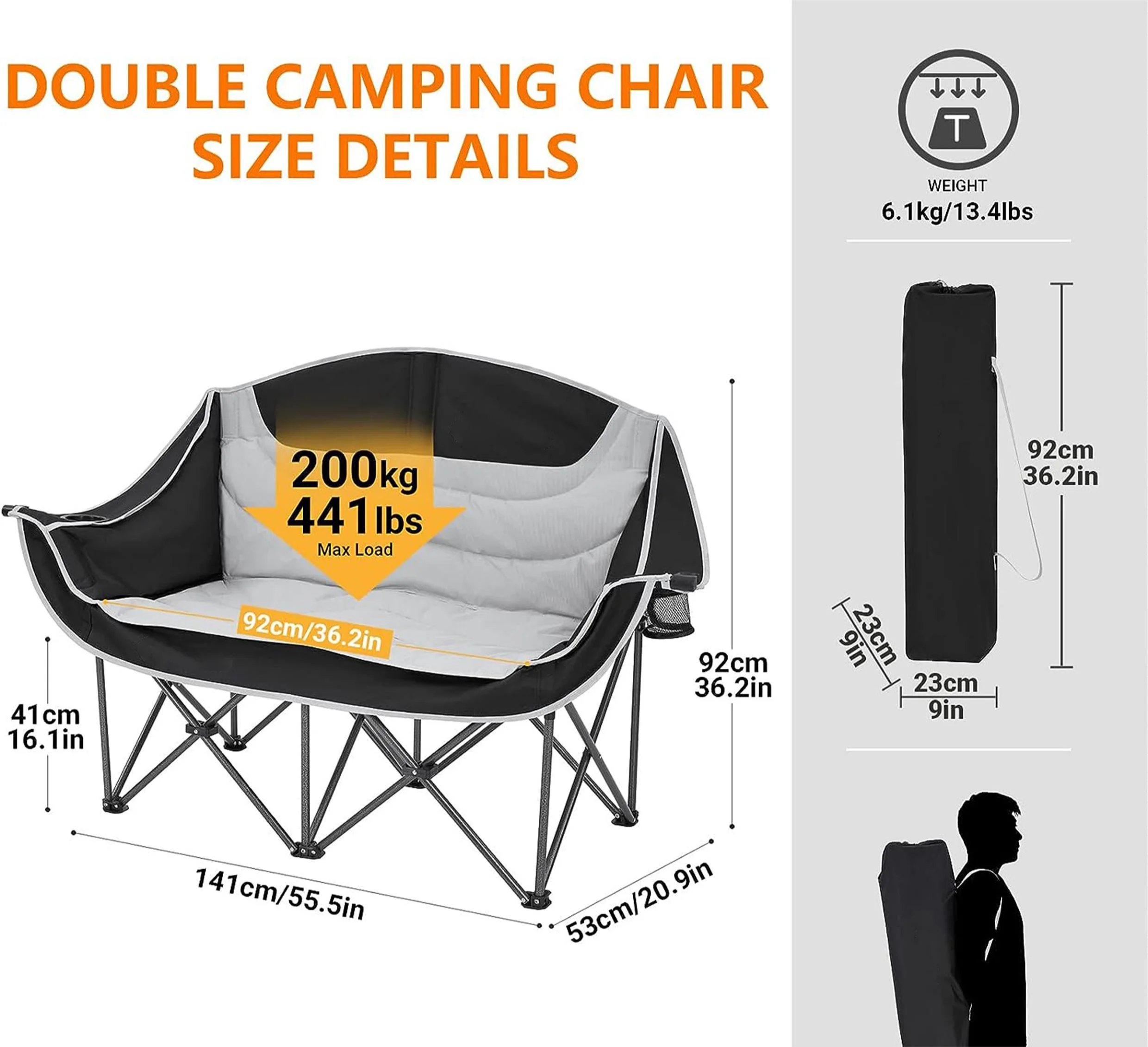 camping chair for two, adult specific outdoor folding chair with cup holder, for outdoor picnics, beach travel