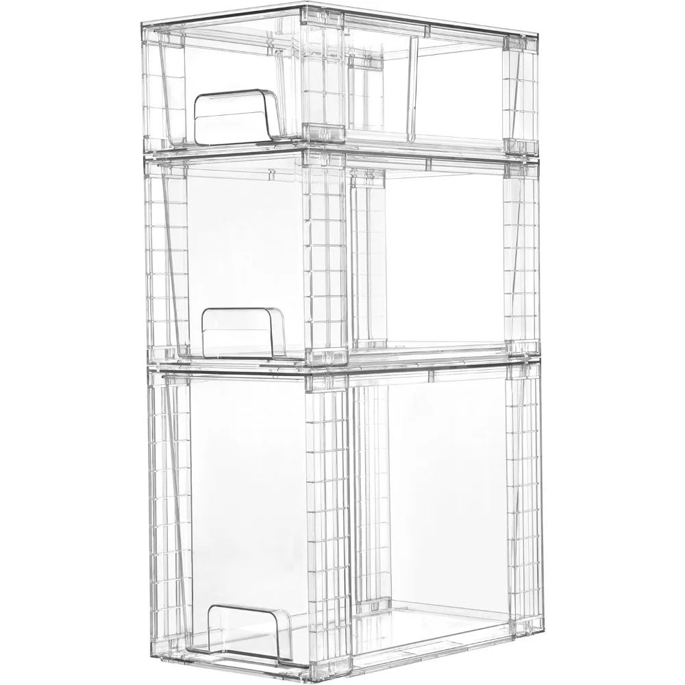 

3 Pack Clear Stackable Storage Drawers,Easy to Assemble Bathroom Organizers and Storage with handles,Plastic Drawers for Kitche